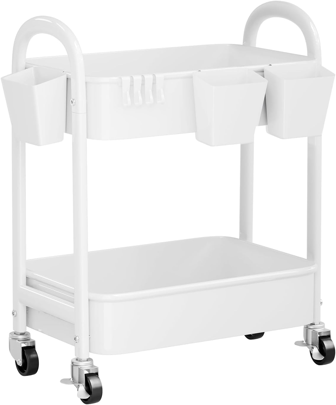 2 Tier Rolling Cart Metal with Wheels,White Under Desk Storage Roller Carts
