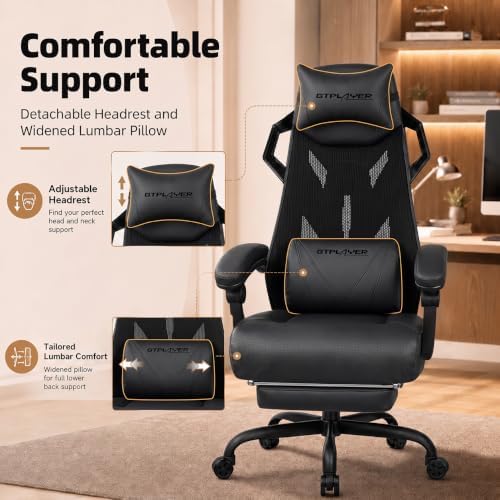GTPLAYER Gaming Chair, Computer Chair with Mesh Back, Ergonomic Gaming Chair with Footrest, Reclining Gamer Chair with Adjustable Headrest and Lumbar Support for Gaming and Office (Black)