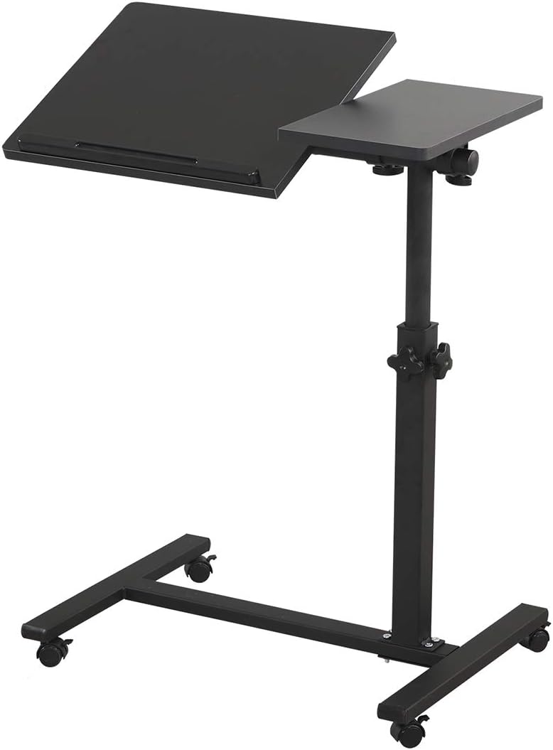 TigerDad Overbed Bedside Desk Mobile Rolling Laptop Stand Tilting Overbed Table with Wheels Height Adjustable Tray Table for Laptop Bed Sofa Side Table, Home & Hospital Use (Black)
