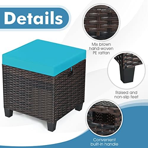 Patio Ottoman Outdoor Rattan Wicker Ottoman Seat, 2 Pieces All Weather Footstool Footrest Seat with Removable Cushions, Outdoor Ottoman Set for Patio, Porch, Poolside (Turquoise)