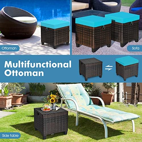 Patio Ottoman Outdoor Rattan Wicker Ottoman Seat, 2 Pieces All Weather Footstool Footrest Seat with Removable Cushions, Outdoor Ottoman Set for Patio, Porch, Poolside (Turquoise)