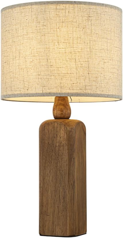 Natural Wood Table Lamp W22 inch 1-Light Bedside Desk Lamp with Beige Fabric Drum Shade Small Nightstand Lamp for Bedroom Living Room Dining Room