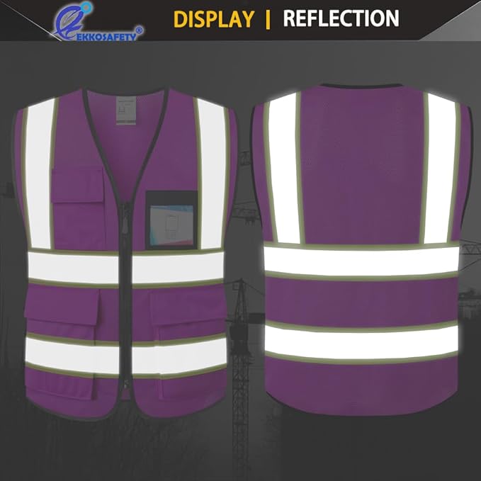Purple Safety Vest for Men Women Reflective with 8 Pockets and Zipper Front Mesh High Visibility Vest Hi Vis Construction Work Vest,Meets ANSI/ISEA Standards(EKH1-Purple-M)