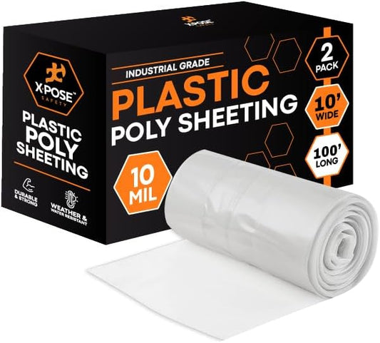 Xpose Safety Clear Plastic Sheeting 2 Pack – 10' x 100' Rolls – Heavy Duty 10 Mil Poly Sheet – Waterproof, Dustproof, Vapor Barrier – for Construction, Painting, Industrial Use