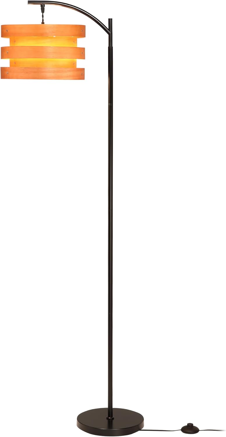 O’Bright Strata Wooden Floor Lamp - Mid Century Modern Standing Lamp with Layered Wood Shade, Tall Reading Lamp for Living Room, Bedroom, Office, Black, Light Oak, Horizon Shade