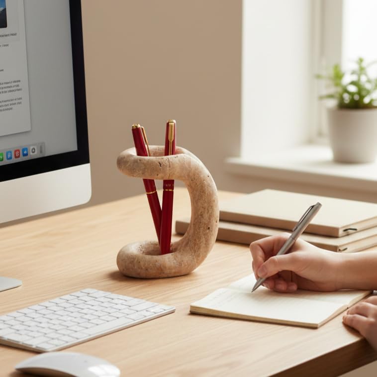 Marble Pen Holder for Desk, 4 Inch Travertine Pencil Holder