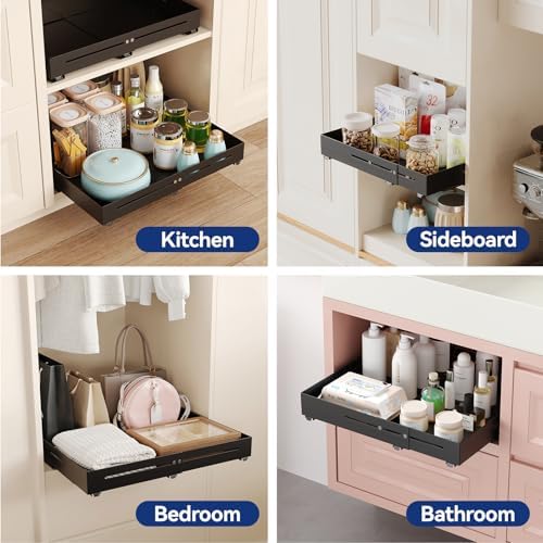 Pull out Cabinet Organizer, Full Metal Expandable Width (14.8"-20.8") & Depth (12.4"-17.7") Adjustable Slide out Drawers, No Drill Adhesive Roll out Shelves for Kitchen Pantry, Black