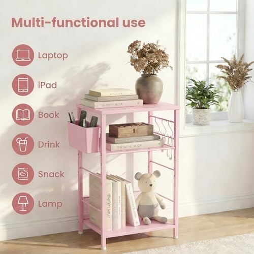 ECOLOVI Small 3 Tier Printer Stand for Under Desk, Height Adjustable Shelf Printer Table with 3 S-Hooks & Basket, Heavy Duty Industrial Storage Shelf for Home Office (Deep Pink)