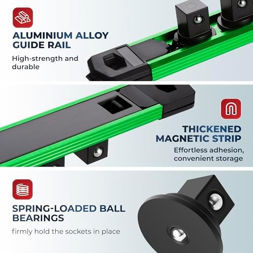 Reniteco Magnetic Socket Organizer Set, 3-Piece 1/4” 3/8” 1/2” Socket Rails