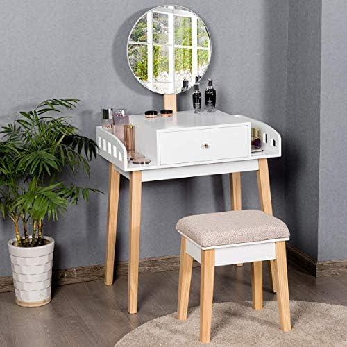 GIANTEX Vanity Table Set with Height Adjustable Round Mirror, Makeup Mirrored Dressing Table with Cushioned Stool, Side Storage and Large Drawer, Gift Vanities for Women Girls Bedroom (White)