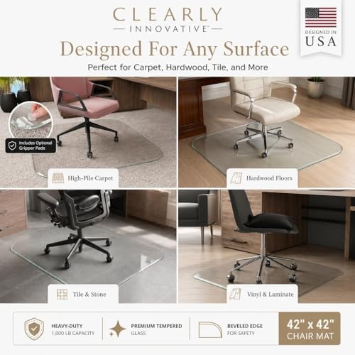 Tempered Glass Office Chair Mat for Carpet & Hardwood, 42" x 42", Clear