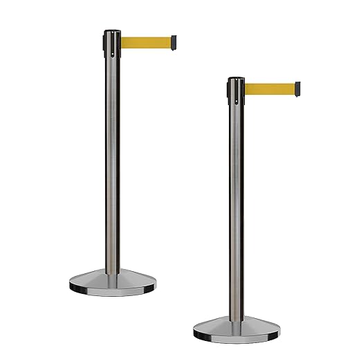 CCW Series RBB-100 - Set of 2 Stanchion Retractable Belt Barriers (7.5 Foot Belt, Yellow Belt with Satin Stainless Steel Post)