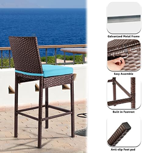 Outdoor Patio Stools & Bar Chairs Set of 2 Wicker Woven Outdoor Bar Stools Bar Height Chairs High Back with Footrest Armless Cushion Blue All Weather Patio Seating for Garden Pool Lawn Backyard