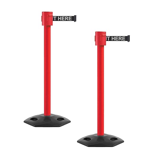 Montour Line MSR760 Set of 2 Retractable Belt Barrier Stanchion, Rubber Base, Red Post (35 ft Black with"Please Wait HERE" White Letters Belt)