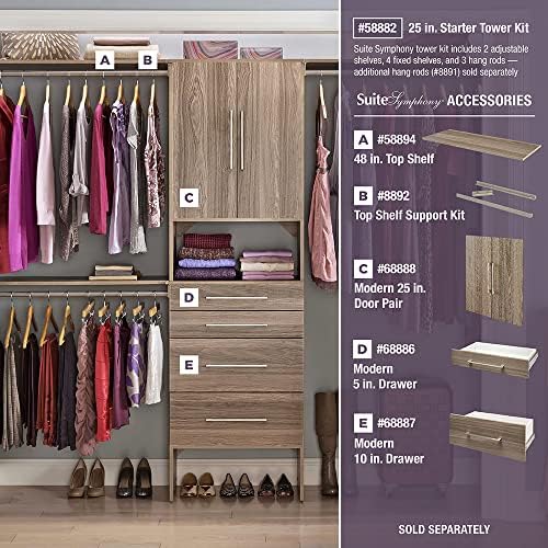 ClosetMaid SuiteSymphony Wood Closet Organizer Starter Kit with Tower and 3 Hang Rods, Shelves, Adjustable, Fits Spaces 5 – 10 ft. Wide, Natural Gray