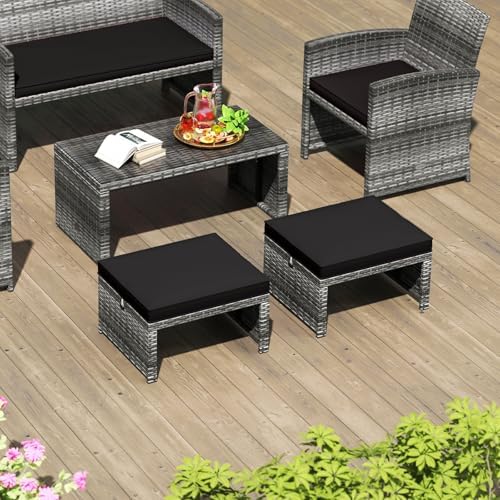 RELAX4LIFE Wicker Outdoor Ottoman Set of 2 - Rattan Footstools Foot Rest w/Removable Cushions, Multipurpose Side Table & Additional Seating, Outdoor Ottomans for Patio Garden Porch (Grey-Black)