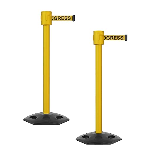 Montour Line MSR760 Set of 2 Retractable Belt Barrier Stanchion, Rubber Base, Yellow Post (35 ft Yellow with "Cleaning in Progress" Black Letters Belt)