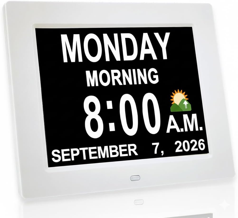 JALL 8" Large Digital Calendar Day Clock for Seniors 2026 - Easy to Read Alzheimer's Dementia Memory Loss Clock for Elderly with IPS Wide Angle，Day & Date, 12 Custom Alarms & Auto-Dimming, White