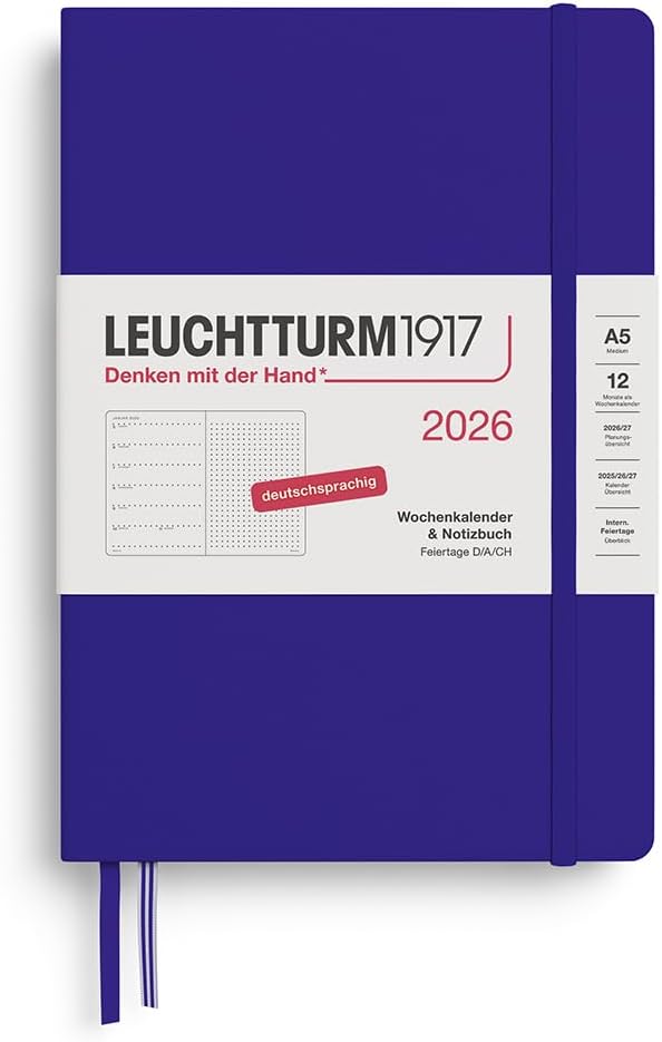 LEUCHTTURM1917 372524 Weekly Calendar & Notebook Dotted Medium (A5) 2026, 12 Months, Ink, German