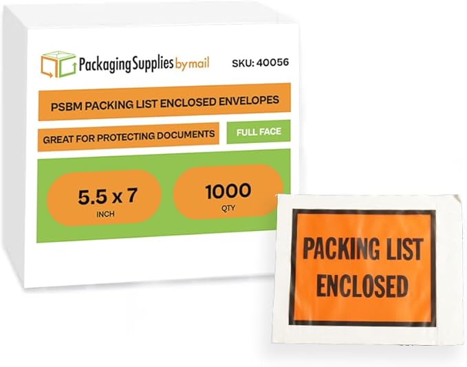 Packing List Enclosed Shipping Envelope 7"x5.5" Full Face Pouches Adhesive Bags 1000 Pack