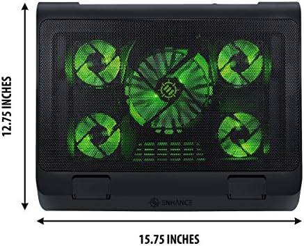 Enhance Gaming Laptop Cooling Pad Stand with LED Cooler Fans, Adjustable Height, & Dual USB Port for 17 inch Laptops - 5 Ultra Quiet High Performance Fans 2630 RPM & Built-in Bumpers - Green
