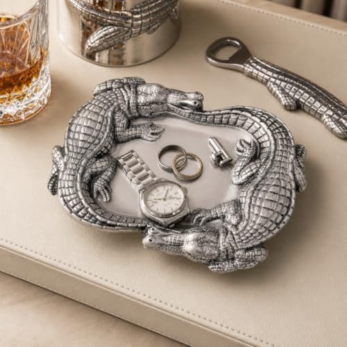 Arthur Court Alligator Catchall Tray - Premium Aluminum Decorative Organizer - 9 Inch Long for Desktop, Nightstand, or Dresser