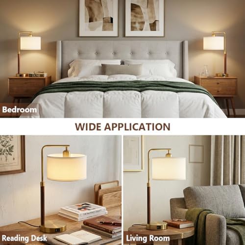 LAMSU Touch Lamp for Nightstand, Mid Century Table Lamp with Bulb, Solid Wood Pole, Dimmable Bedside Lamp with USB Charging Ports, Modern Gold Tall Desk Lamps for Bedroom Living Room Office