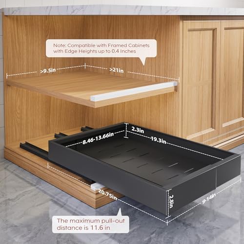 Seinloes 2 Pack Pull Out Cabinet Organizers 21" Deep With Raising Pad for Framed Cabinets, Expandable Width (9"-14") Slide Out Drawers Upgrade 3 Slide Rails, Roll Out Shelves Adhesive, Black