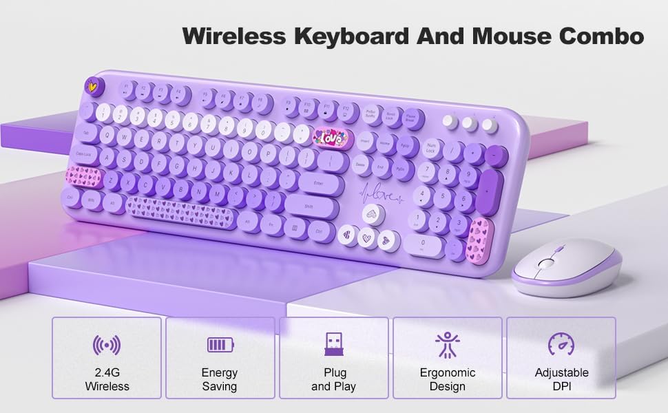 MOFII Wireless Keyboard and Mouse Combo - Pale Purple Full Sized Plug and Play Colorful Computer Keyboards - 104 Keys Round Keycap USB 2.4G Cute Keyboard for Windows/Laptop/Mac/Desktop/PC