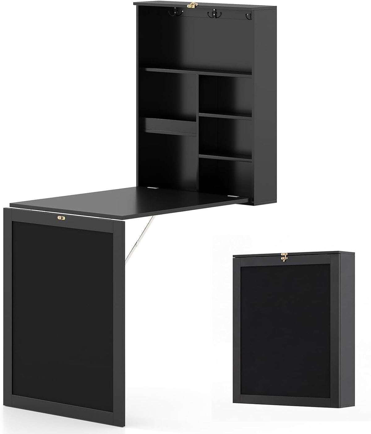 Tangkula Foldable Wall-Mounted Desk, Floating Desk with Chalkboard, Storage Shelves & Hooks, Space-Saving Murphy Table for Home Office, Bedroom, Dorm Room, Small Spaces