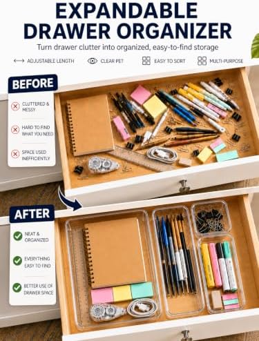 16 PCS Adjustable Expandable Clear Plastic Drawer Organizers 3-Size Set