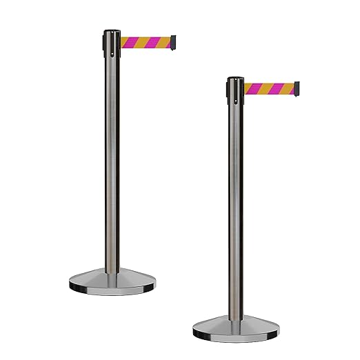 CCW Series RBB-100 - Set of 2 Stanchion Retractable Belt Barriers (9 Foot Belt, Magenta and Yellow Diagonal Belt with Satin Stainless Steel Post)