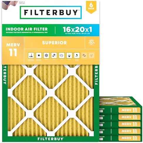 Filterbuy 16x20x1 MERV 11 Pleated HVAC Air Filters, 6-Pack