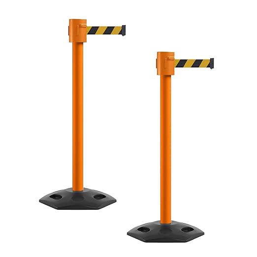 Montour Line MSR760 Set of 2 Retractable Belt Barrier Stanchion, Rubber Base, Orange Post (35 ft Black & Yellow Diagonal Belt)