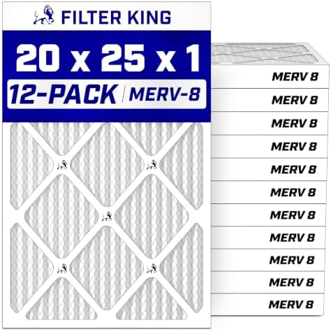 Filter King 20x25x1 Air Filter (MERV 8) (12-Pack) Dust & Allergy Control AC Furnace Filters, MADE IN USA, HVAC, Pleated, Electrostatic (Actual Size: 19.5 x 24.5 x .75)