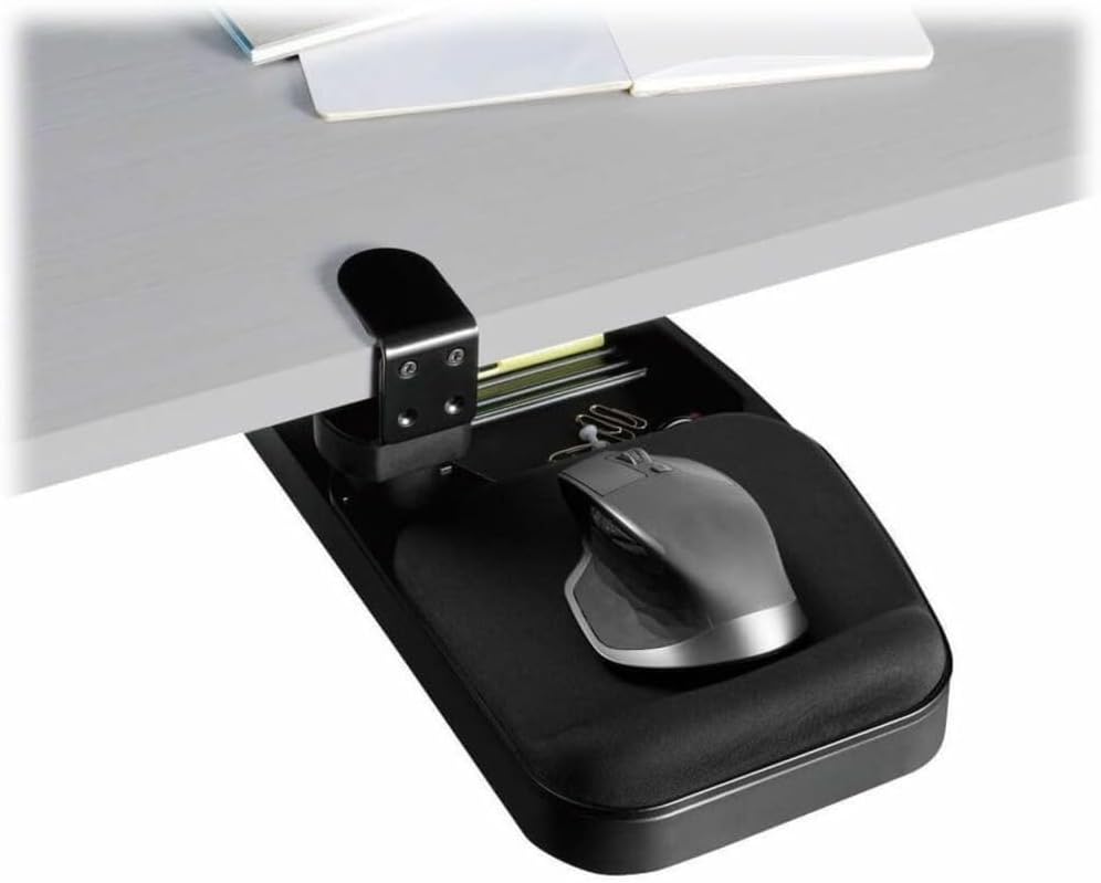 TRIPP LITE Under Desk Storage Tray Clamp-on Storage Tray w Mouse Pad, Wrist Rest - Office Desk Organizer 360 Swivel 5-Year Warranty (DMUDSC)