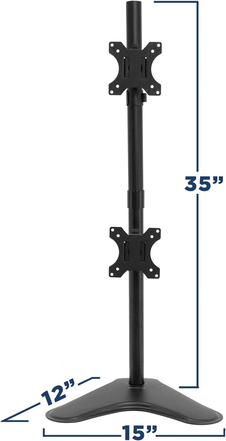 Mount-It! Vertical Dual Monitor Stand, Freestanding Stacked Monitor Mount for 2 Screens 17–32", Height Adjustable, Tilt Swivel Rotate, Portrait or Landscape, Holds 17.6 lbs per Arm, No Desk Clamp Needed