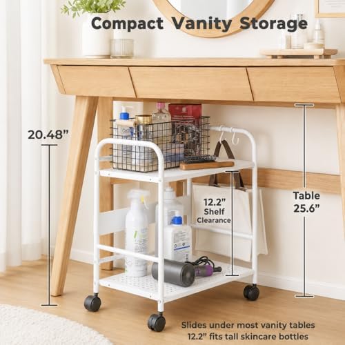 2-Tier Metal Rolling Cart, Compact Under Desk Storage Organizer