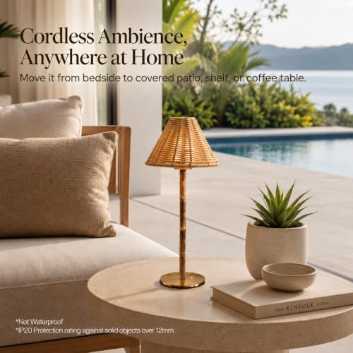 Bamboo Cordless LED Table Lamp – Rechargeable 24-Hour Battery, Dimmable Warm Light, Portable Wireless Lamp with Remote for Indoor/Outdoor Use, Home, Patio, Restaurant – (NATURAL RATTAN), 14.95" Tall