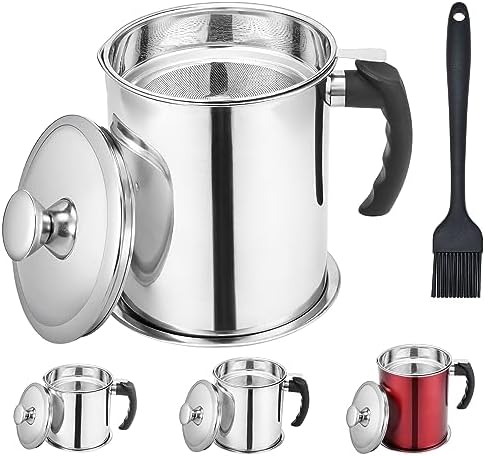 Kaemi 2.2L / 74OZ Bacon Grease Container With Strainer, Bacon Grease Keeper,Oil Storage Container for Kitchen,Filtered Oil Jug With Lid and Easy Grip Handle for Storing Meat Frying and Cooking Oil