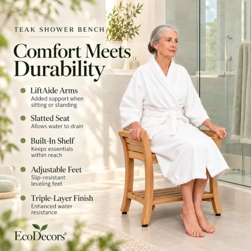 EcoDecors Symmetry 30-Inch Teak Shower Bench, Natural Finish