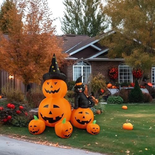 6Ft Halloween Inflatable Decorations Pumpkins Patch Lanterns with Black Cat with Build-in LEDs Blow Up Inflatables for Outdoor Decoration Balcony Home Lawn Patio