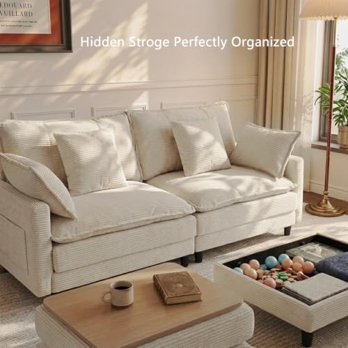 Corduroy Storage Ottoman Coffee Table for Modular Sectional Couch, Corduroy Footrest Extension with Hidden Storage, Modern Soft Cushioned Stool for Living Room, Cream