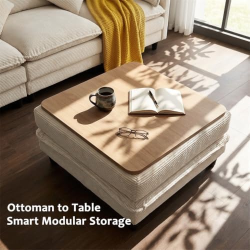 Corduroy Storage Ottoman Coffee Table for Modular Sectional Couch, Corduroy Footrest Extension with Hidden Storage, Modern Soft Cushioned Stool for Living Room, Cream