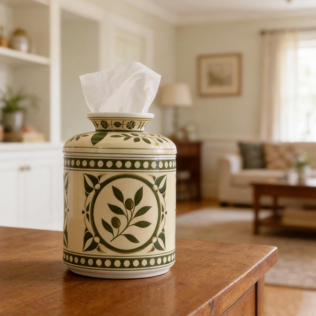 Ceramic Modern Tissue Box Cover,Round 6.7" Tissue Box Holder Dispenser,Tissues Organizer for Home Office Nightstand Vanity Housewarming-Olive Branch