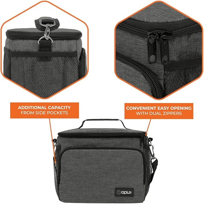 opux Insulated Soft Lunch Bag for Men Women for Office Work School Picnic, Leakproof Cooler Bag with Shoulder Strap for Kid Adult (Charcoal Gray)
