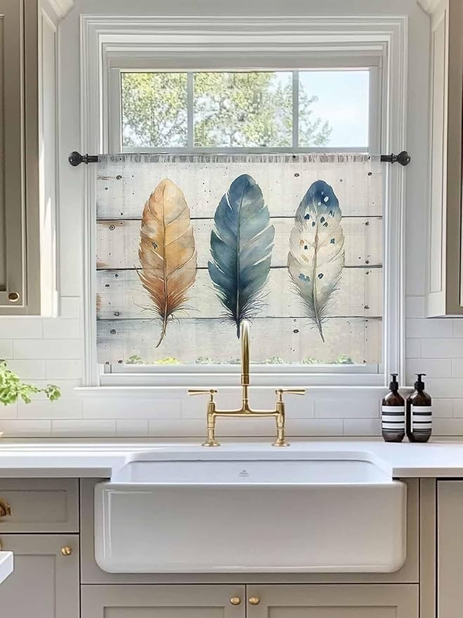 Sheer Curtains 45 Inch Length, Boho Blue Feathers Semi Sheer Curtains Light