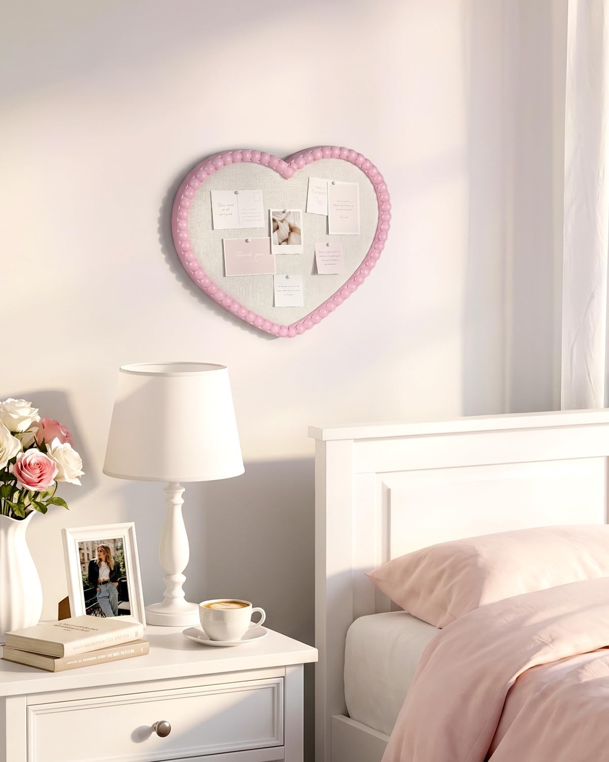 17" x 13" Heart Shaped Linen Bulletin Board, Pink Beaded Wood Frame Cork Board Alternative, Decorative Memo Board for Wall, Home Office & Bedroom Deco, Heart-3343PK