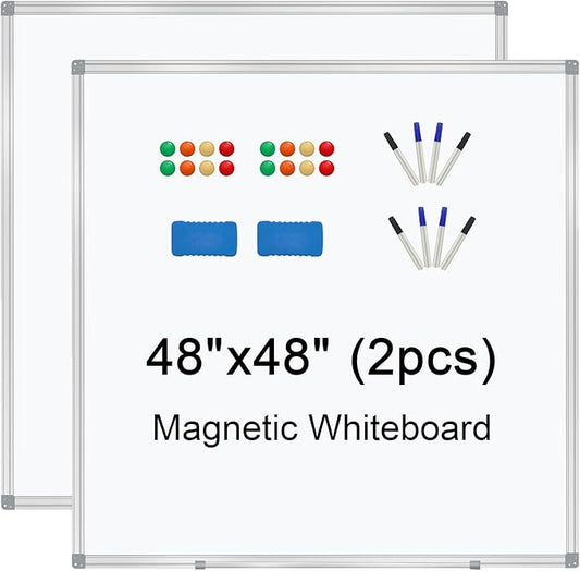 H-Qprobd 4' x 4' (2 Pack) Dry Erase Board for Wall Magnetic Presentation Whiteboard with Long Pen Tray, Wall-Mounted White Boards for Home, Office & School