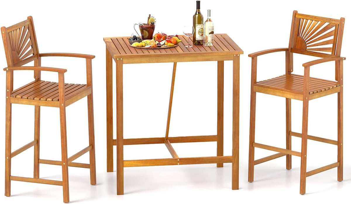 Tangkula 3 Piece Patio Bar Table & Chairs, Outdoor Acacia Wood Bar Set w/Slatted Seat & Tabletop, Wood Dining Bar Set w/Backrest, Armrests & Footrest for Backyard, Poolside, Balcony